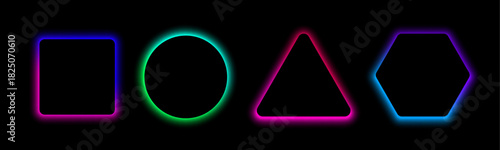 Pentagons, circles, and squares rise through a deep neon haze. Their edges shine with bright laser tones. This illustration adds motion and energy to posters and digital backgrounds.