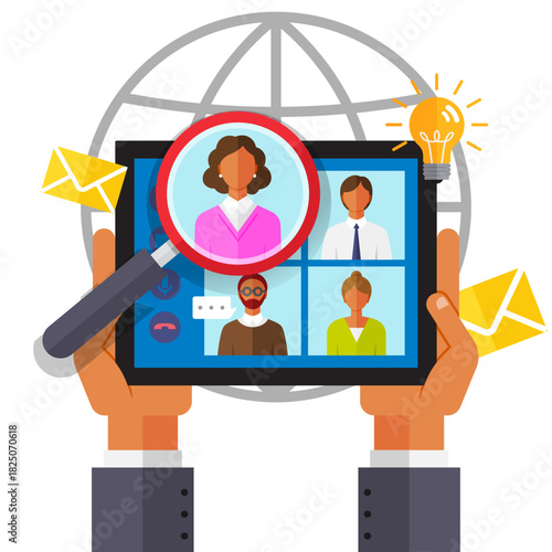 Remote work, recruitment, global connectivity, virtual meetings, online collaboration, digital innovation. A tablet showing a video call with multiple participants. Remote work and recruitment
