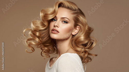 A female model with golden honey-blonde hair styled in voluminous curls, soft warm lighting enhancing shine and warmth, balanced exposure revealing rich texture, neutral backdrop keeping