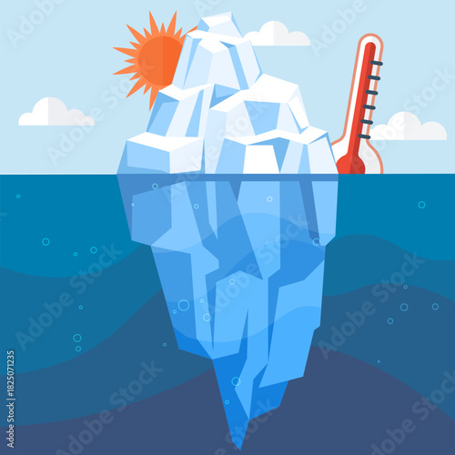 Climate change, global warming, environmental impact, rising sea levels, ecological crisis, climate awareness. Iceberg melting under sun with thermometer. Climate change and global warming concerns