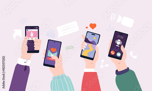 cartoon Smartphones and Surfing in Social Media. Vector Liking Photos. Illustration of Talking in Mobile App. Flat vector Chatting, Watching Video.