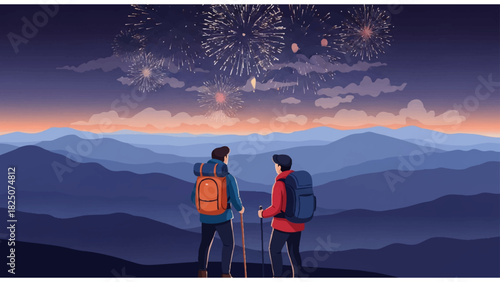 hikers watching fireworks over twilight mountain landscape with backpacks and walking sticks
