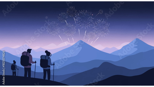 hikers watching fireworks over twilight mountain landscape with backpacks and walking sticks
