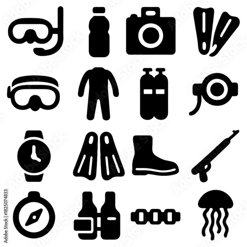 Dive Gear Icons: A collection of meticulously crafted, stark black icons represents the essential elements of scuba diving, evoking the allure of underwater exploration and aquatic adventures.