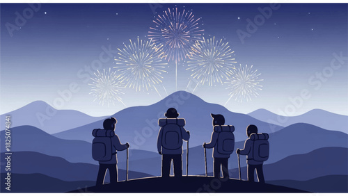 hikers watching fireworks over twilight mountain landscape with backpacks and walking sticks
