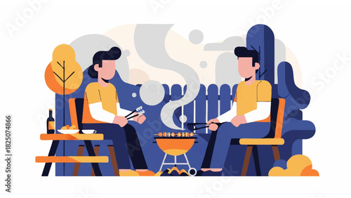 outdoor barbecue illustration with two people grilling food in warm social setting with trees and table
