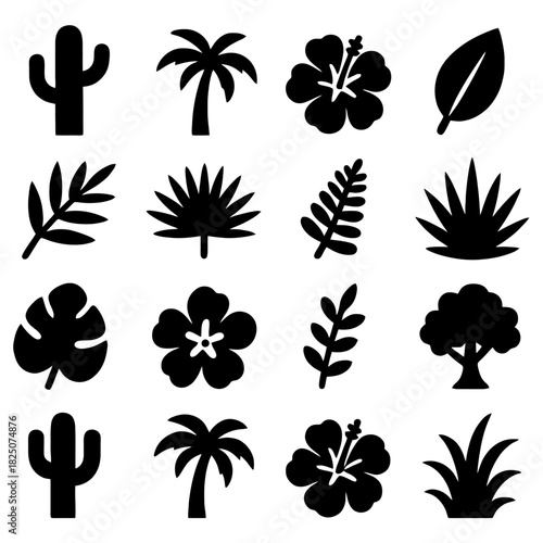 Tropical Flora Collection: A set of black silhouettes showcasing various tropical plants, capturing the essence of the tropics. 