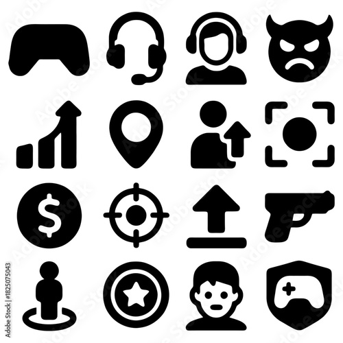 Iconic Game Symbols: A diverse collection of stylized icons encapsulates the essence of gaming, hinting at virtual worlds, challenges, and the immersive experience. 