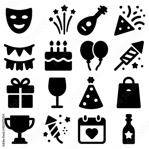 Celebration Symbols: A collection of various celebration symbols, each representing a different aspect of festive events, conveying joy and excitement.