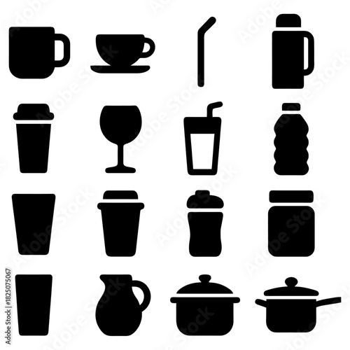 Diverse Drinkware Collection: A stylish and functional assortment of drinkware icons, capturing the essence of various vessels for beverages.