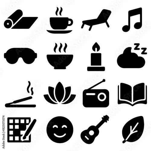 Serenity Icons: A collection of meticulously crafted, elegant black icons representing elements of peacefulness, relaxation, and mindfulness, inviting a sense of calm and rejuvenation.