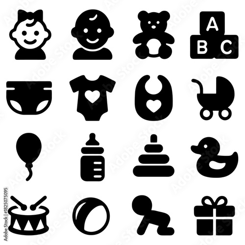 Baby Icons: A collection of simple, black and white icons representing various baby essentials and toys, perfect for designs related to infancy and childhood. 