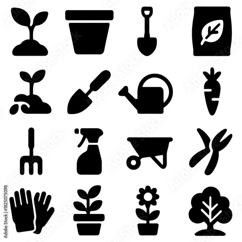Gardening tools icons: A collection of various gardening icons including plants, pots, shovels, watering can, scissors, and other tools.