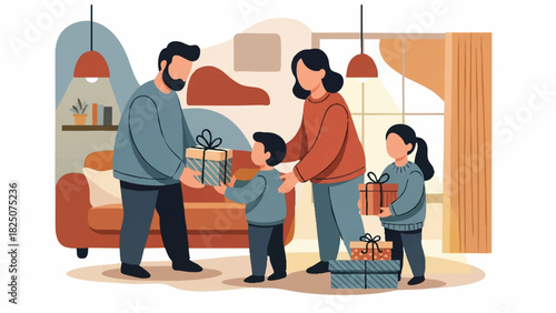 family gift exchange illustration in cozy living room with soft earthy tones and warm decor
