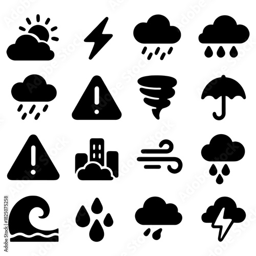 Weather Icons: Set of weather icons, illustrating a range of weather conditions, symbols, from sunny to stormy. these icons are designed in a flat style