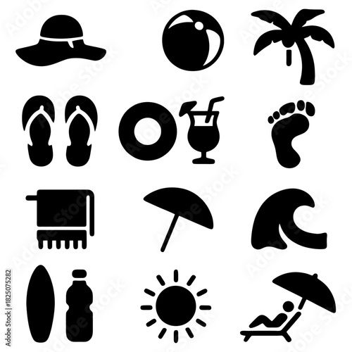 Beach Icons: This image showcases an array of beach-themed icons. They capture the essence of a perfect day by the shore, evoking the relaxed vibe of summer fun and relaxation.