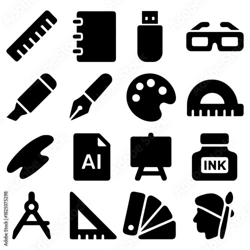 Creative Toolkit: A selection of tools of art and design icons, representing the essential elements of creativity and the artistic process.