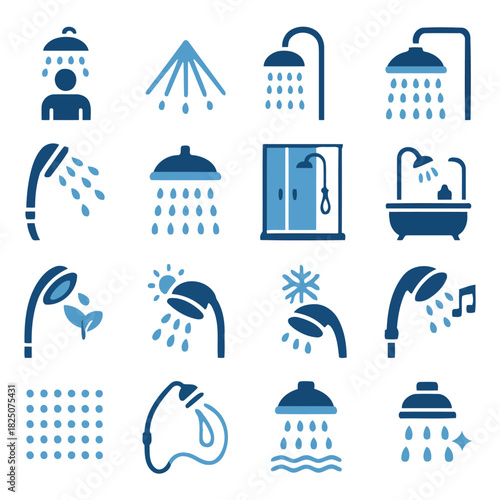 Shower Icons Set: A collection of various shower icons, perfect for representing bathroom, hygiene, and cleanliness. Illustrative and stylized in minimalist graphic.