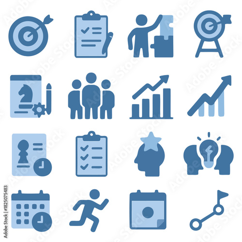 Icon Set: A collection of blue icons illustrates key aspects of business strategies, from target goals to team management and schedule planning.