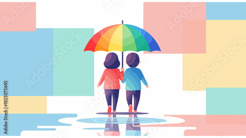 rainy day illustration with two people sharing rainbow umbrella in front of abstract pastel backdrop