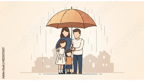 family standing under umbrella in rainy scene with colorful abstract background and coordinated outfits