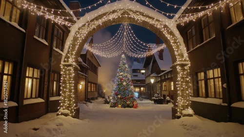 Wallpaper Mural Cinematic Christmas village scene with illuminated tree and archway Torontodigital.ca