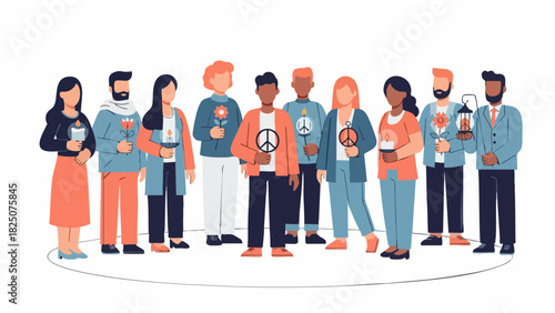 diverse group illustration promoting peace and unity with symbolic objects in modern casual style