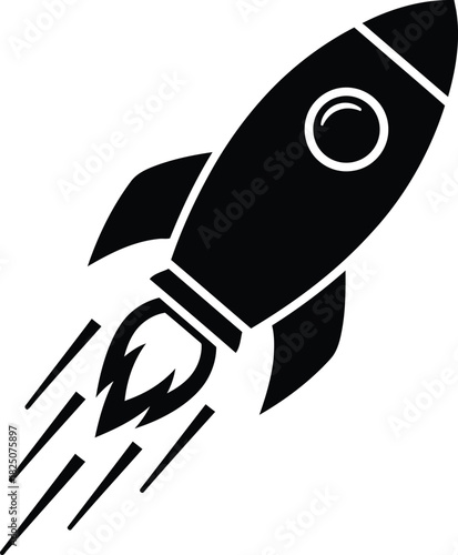 Rocket Launch Icon with Trail Flames in Bold Minimalist Silhouette Style