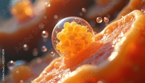 Microscopic view of human fat cells. Orange adipose tissue with lipid droplets and bubbles. Science, health, and biology concept. Medical, cellular structure, body science.