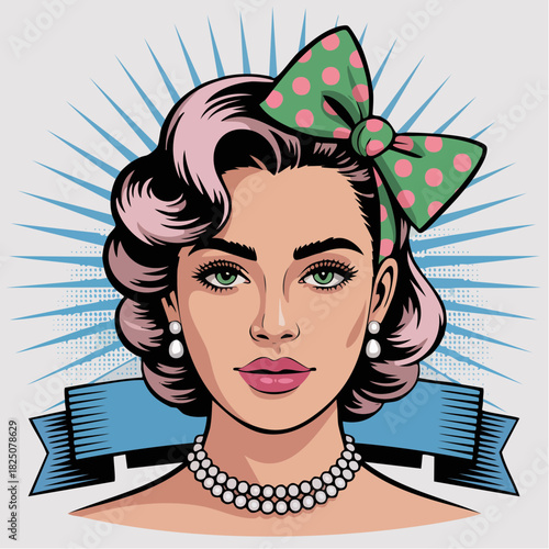 retro pop siren with polka dot bow pearl glow portrait ribbon banner vintage glam revival