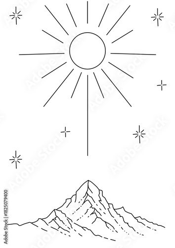 Minimalist line art illustration of a majestic mountain peak under a radiant sun and stylized stars. This simple, elegant vector design is perfect for nature-themed branding, logos, and adventure