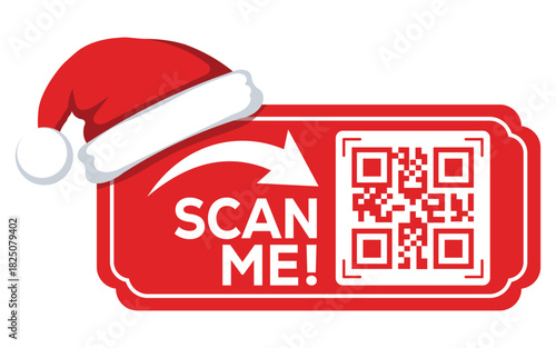 Festive red QR code label with Santa hat and “Scan Me” text, modern Christmas promotion banner for digital marketing, holiday offers, website links and seasonal retail campaigns, isolated on white.