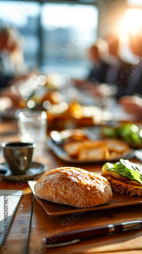 Close-up of a morning breakfast or brunch meeting featuring bread, sandwiches, and coffee on a polished wooden table.