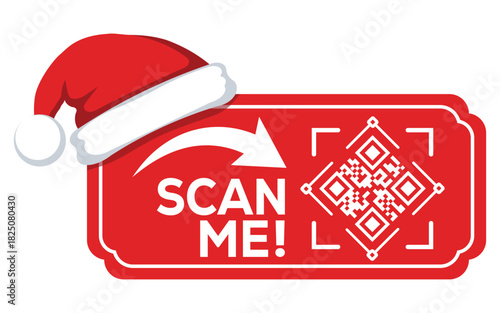 Festive red QR code label with Santa hat and “Scan Me” text, modern Christmas promotion banner for digital marketing, holiday offers, website links and seasonal retail campaigns, isolated on white.