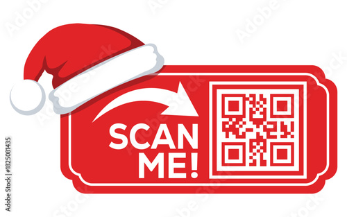 Festive red QR code label with Santa hat and “Scan Me” text, modern Christmas promotion banner for digital marketing, holiday offers, website links and seasonal retail campaigns, isolated on white.