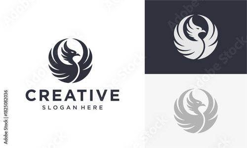 Phoenix Emblem of Inspiration: A dynamic phoenix logo with stylized wings in flight, symbolizing renewal, creativity, and aspiration, presented on various backgrounds.