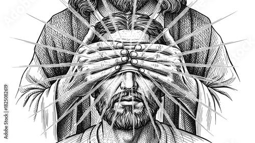 Vintage Black and White Vector Engraving of Jesus Christ Healing a Blind Man, Biblical Miracle Sketch
