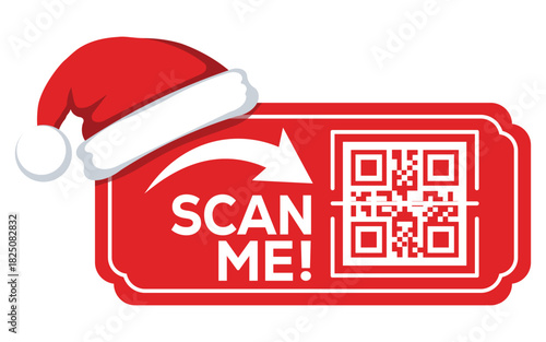 Festive red QR code label with Santa hat and “Scan Me” text, modern Christmas promotion banner for digital marketing, holiday offers, website links and seasonal retail campaigns, isolated on white.