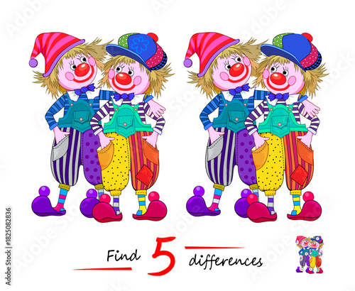 Find 5 differences. Drawing of two funny clown brothers. Logic puzzle game for children and adults. Page for kids brain teaser book. IQ test for smartest. Hand drawn flat vector illustration.