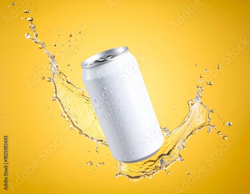 White soda can mockup with water splash product photography on yellow background floating in the air.