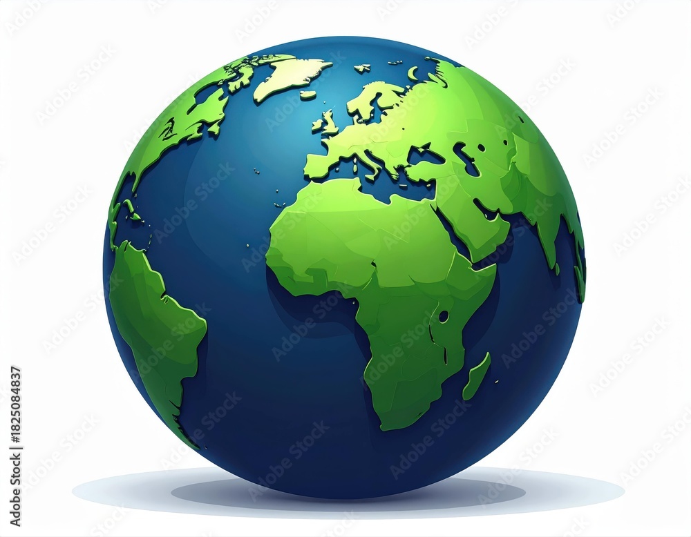Naklejka premium 3D icon world globe in simplified continents, green and navy palette, soft bottom shadow, isolated on white.