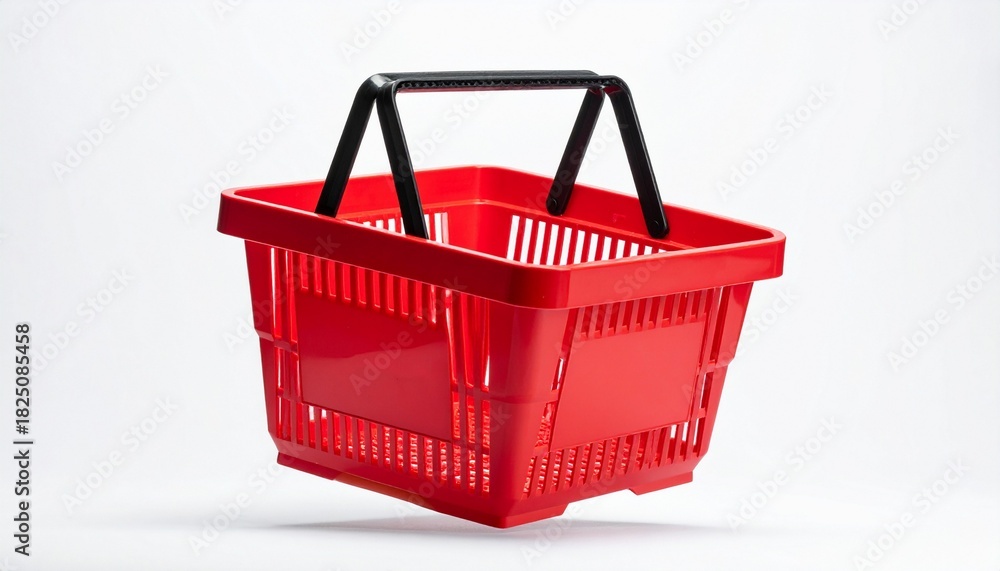 Fototapeta premium Red shopping basket in air on white background