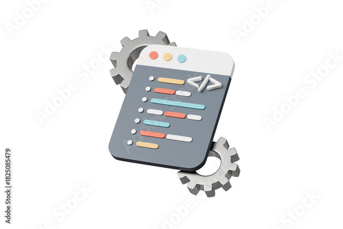 Fototapeta kuchenna 3d coding window with gears icon. development automation concept. Minimal cartoon code window dev panel backend for developer tools banner. isolated on white background. 3d render.