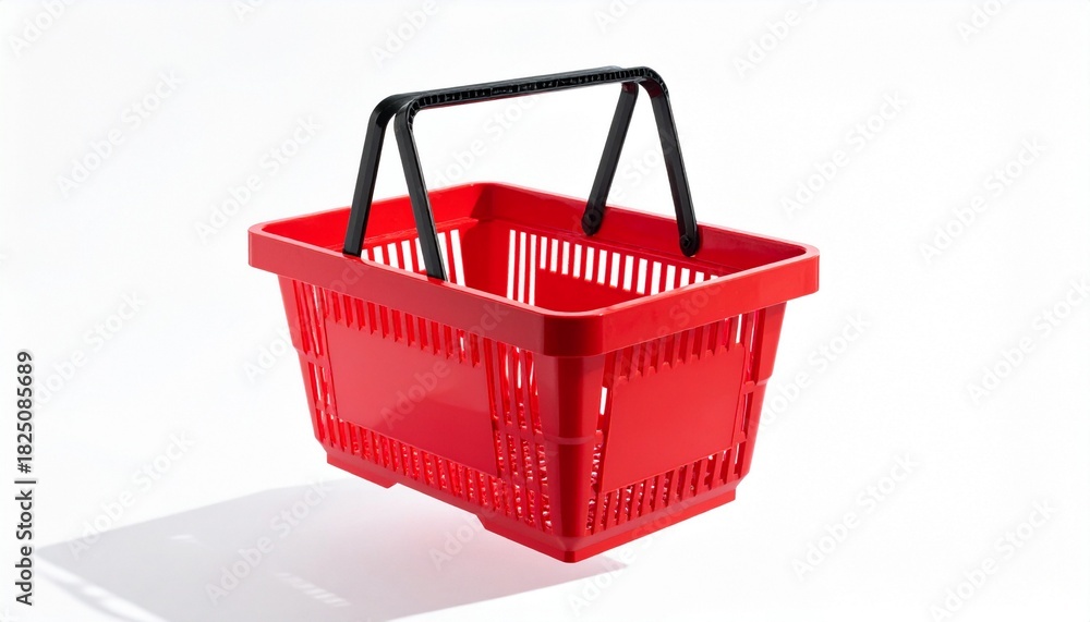Fototapeta premium Red shopping basket in air on white background