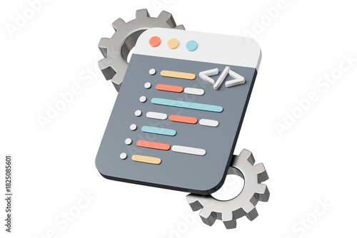 3d coding window with gears icon. development automation concept. Minimal cartoon code window dev panel backend for developer tools banner. isolated on white background. 3d render.