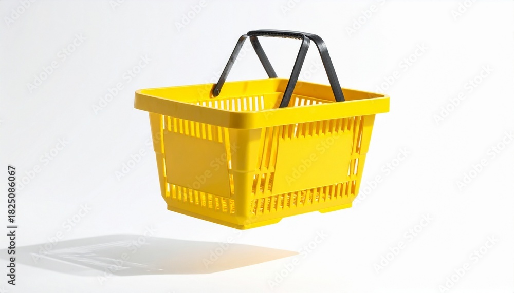 Fototapeta premium Yellow shopping basket in air on white background