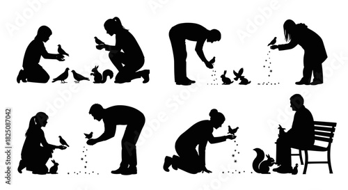 Silhouette figures feeding birds and animals, vector image for nature and wildlife concepts