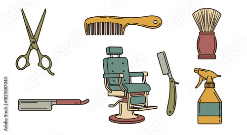 Vintage barber shop tools for classic haircuts and grooming, a retro style illustration