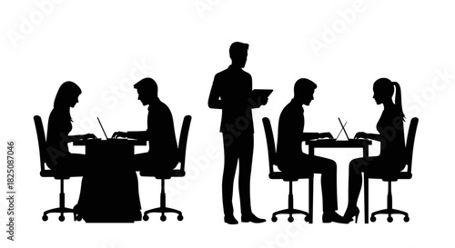 Dynamic business team collaborating, achieving goals in modern workplace silhouette design