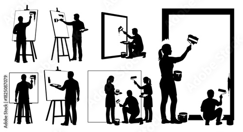 Artists painting on canvas with brushes, creating art, creativity and inspiration project